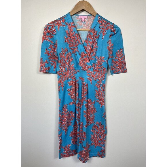 Lilly Pulitzer Dress Womens XS Turquoise Bellanna Coral Reef Short Sleeve Silk - Picture 2 of 13